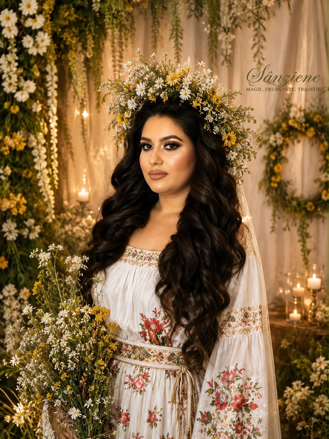 Prezicătoarea Elena, cu coroniță de sânziene pe cap, în ie tradițională, printre flori de câmp și lumânări